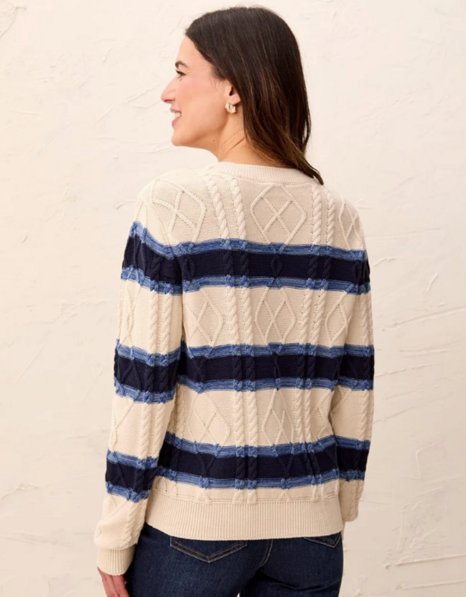 Tribal Tribal Cable Knit Stripe Crew Neck Cotton Sweater