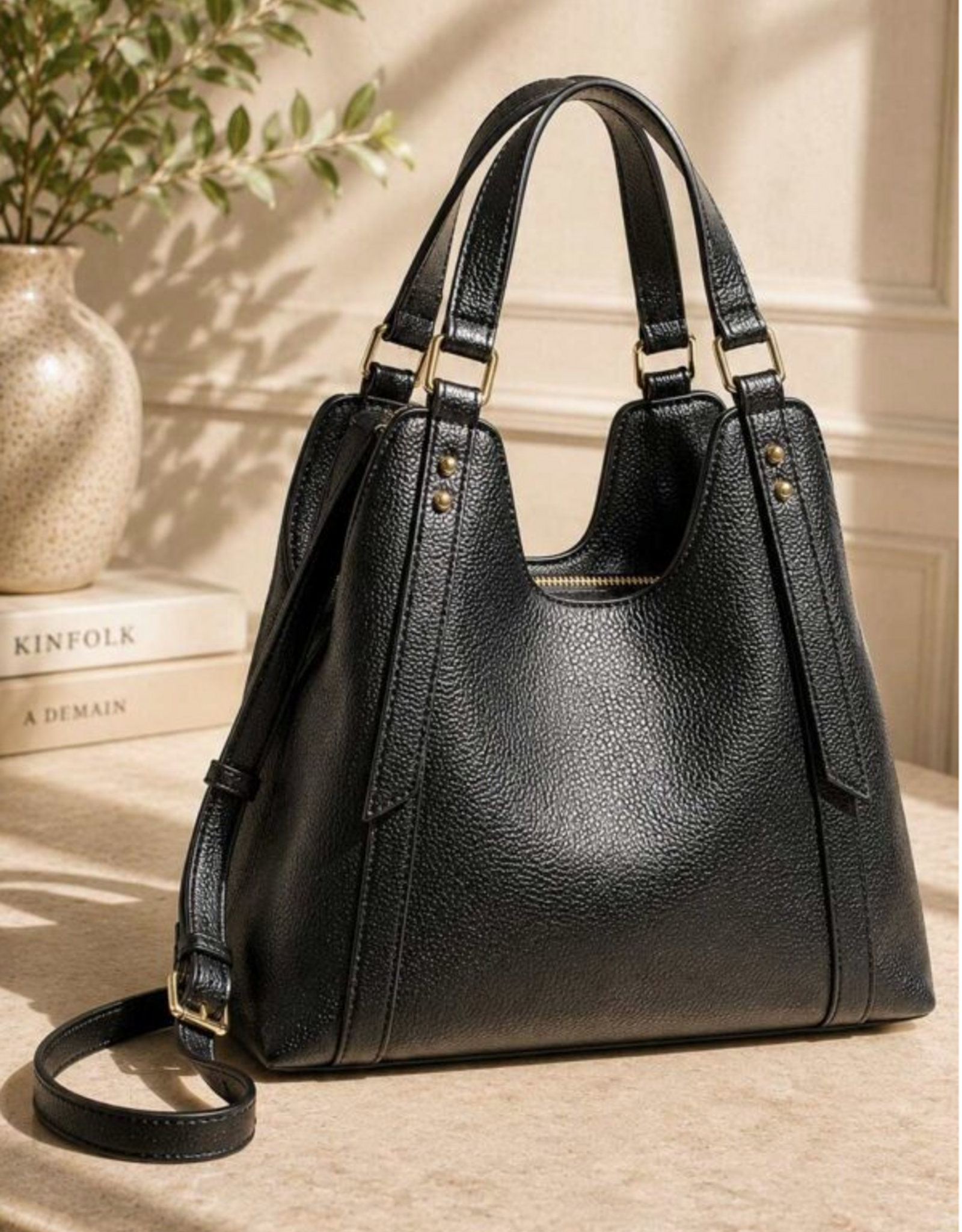 MC Handbags Corp. MC Handbag Vanna 8545 Black Triple Compartment Shoulder Bag