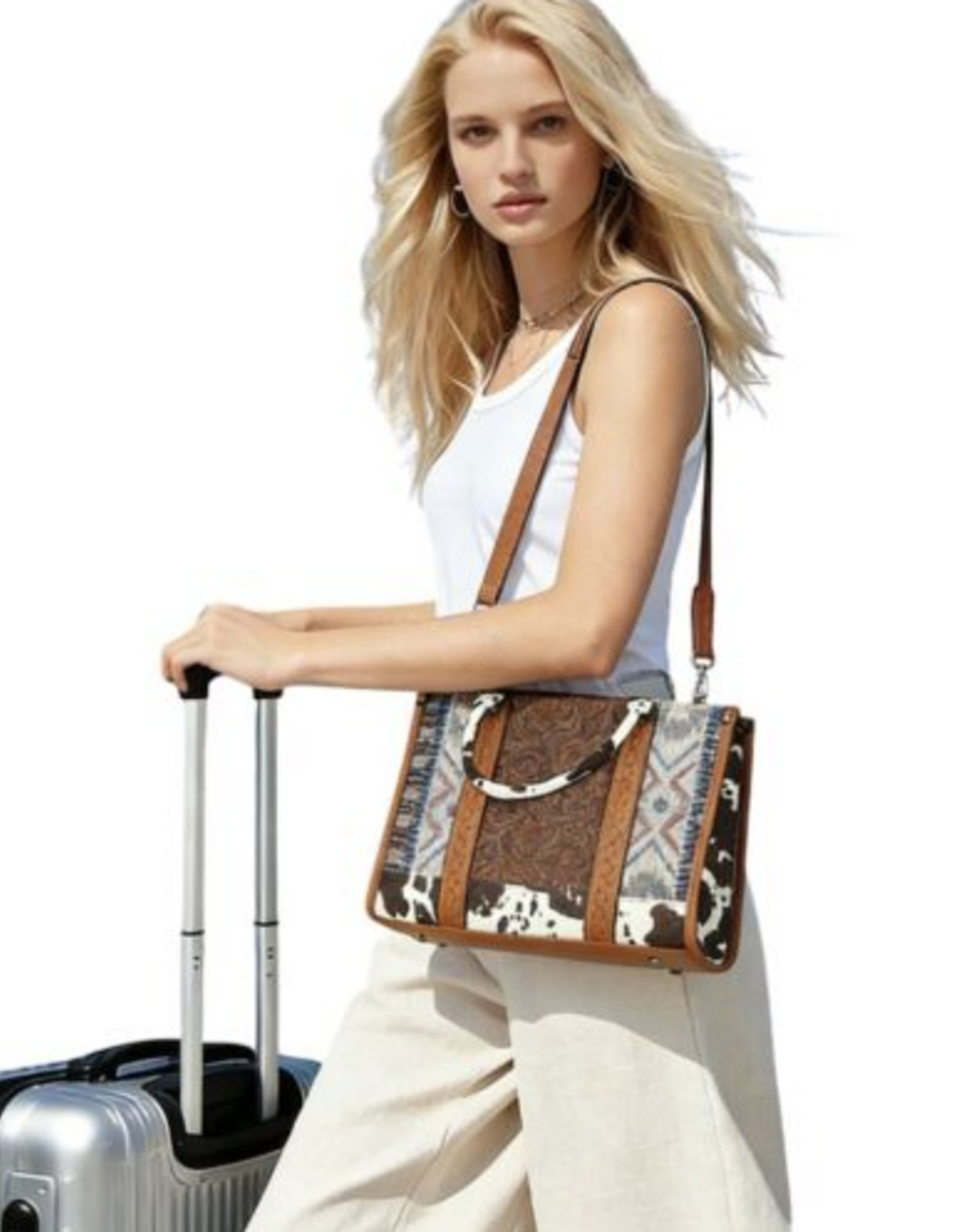 Coronet Jewelry Co Coronet 49090 Mixed Material Western Tote Bag  With Tooled Front Panel