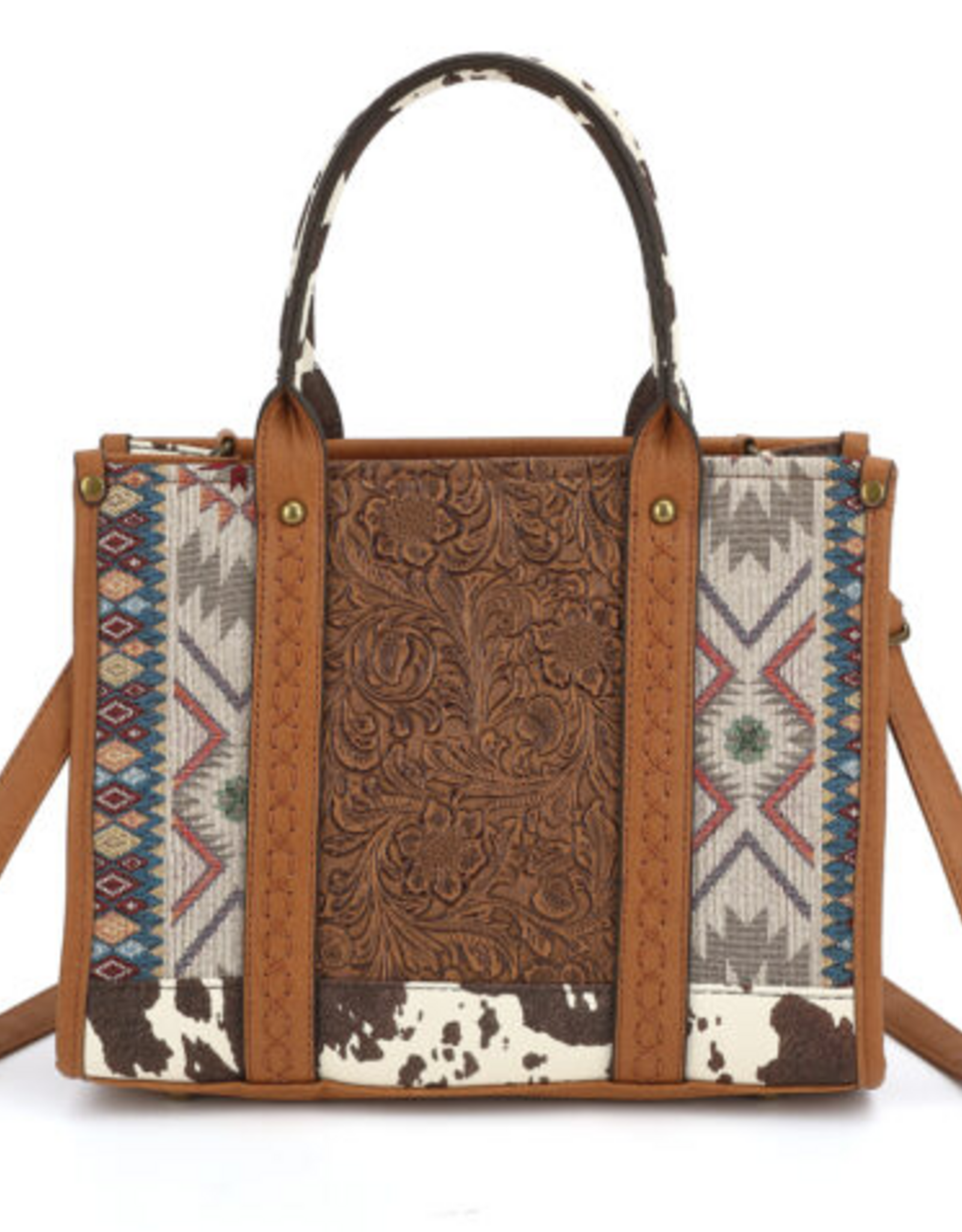 Coronet Jewelry Co Coronet 49090 Mixed Material Western Tote Bag  With Tooled Front Panel