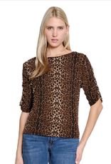 Sharon Young Inc Tru Lux Brown Animal Print Ruched Sleeve Knit Top
