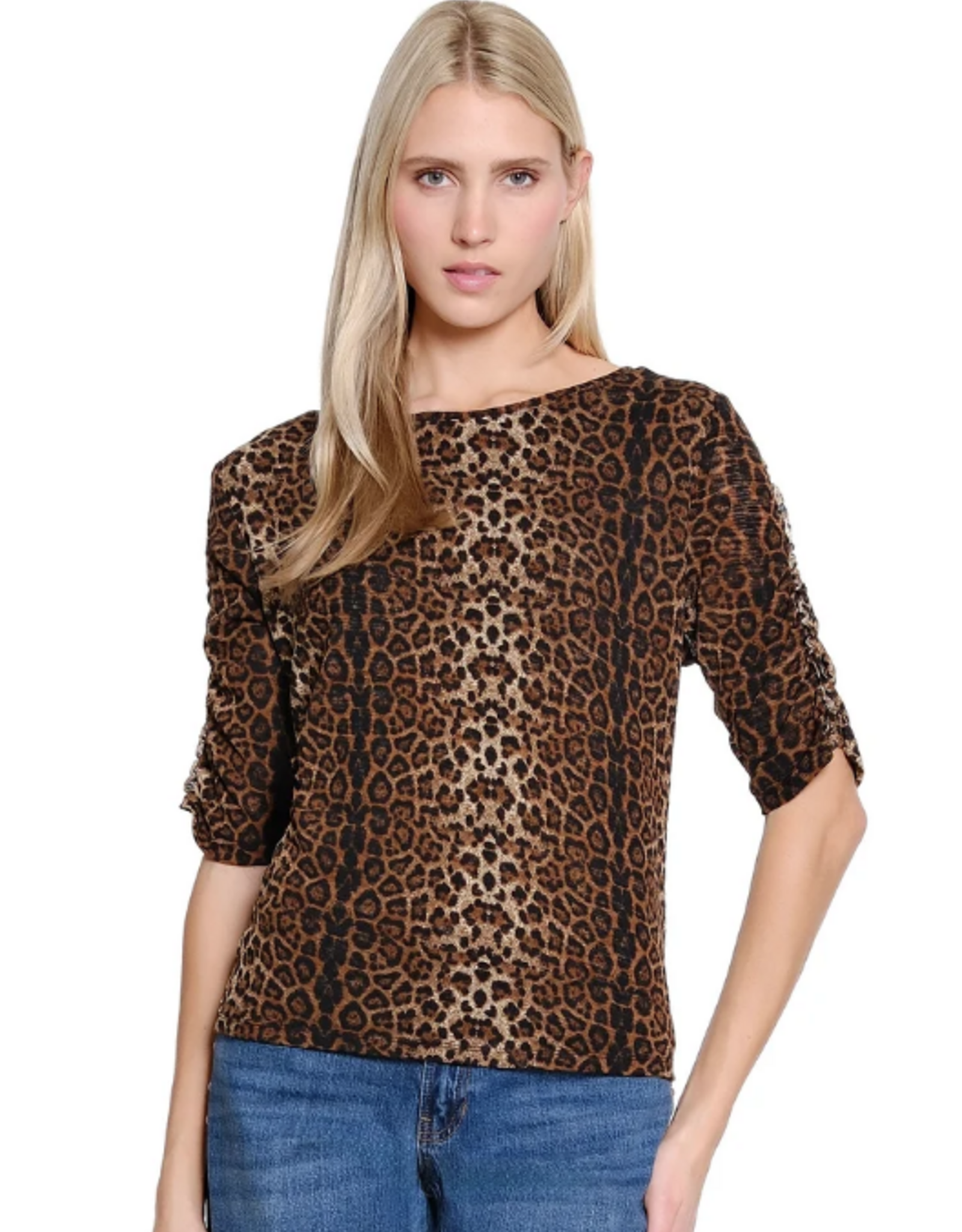 Sharon Young Inc Tru Lux Brown Animal Print Ruched Sleeve Knit Top