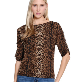 Sharon Young Inc Tru Lux Brown Animal Print Ruched Sleeve Knit Top
