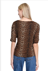 Sharon Young Inc Tru Lux Brown Animal Print Ruched Sleeve Knit Top