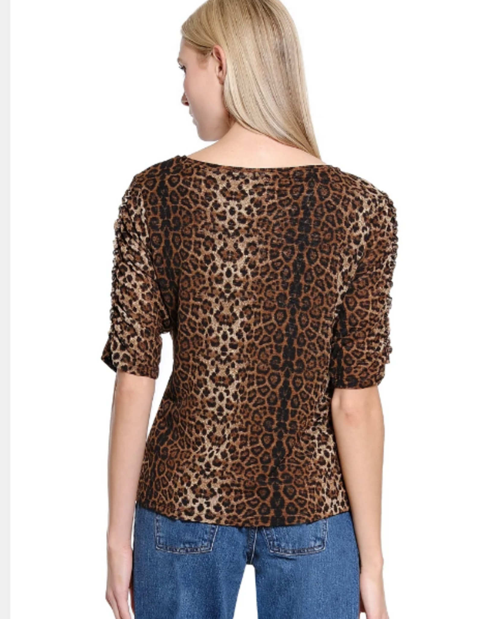Sharon Young Inc Tru Lux Brown Animal Print Ruched Sleeve Knit Top