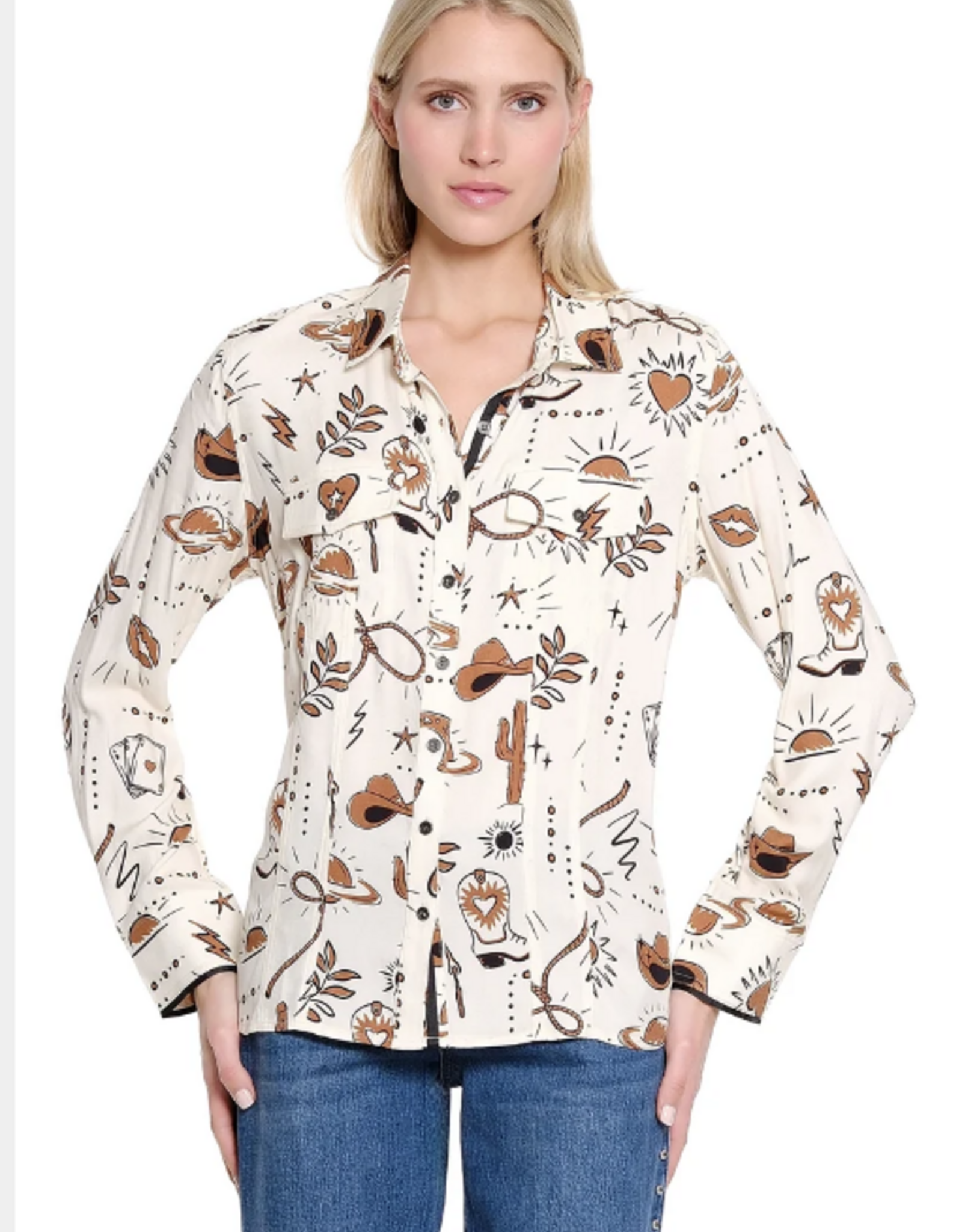 Sharon Young Inc Tru Lux Bone/Brown Southwest Print Button Up Shacket