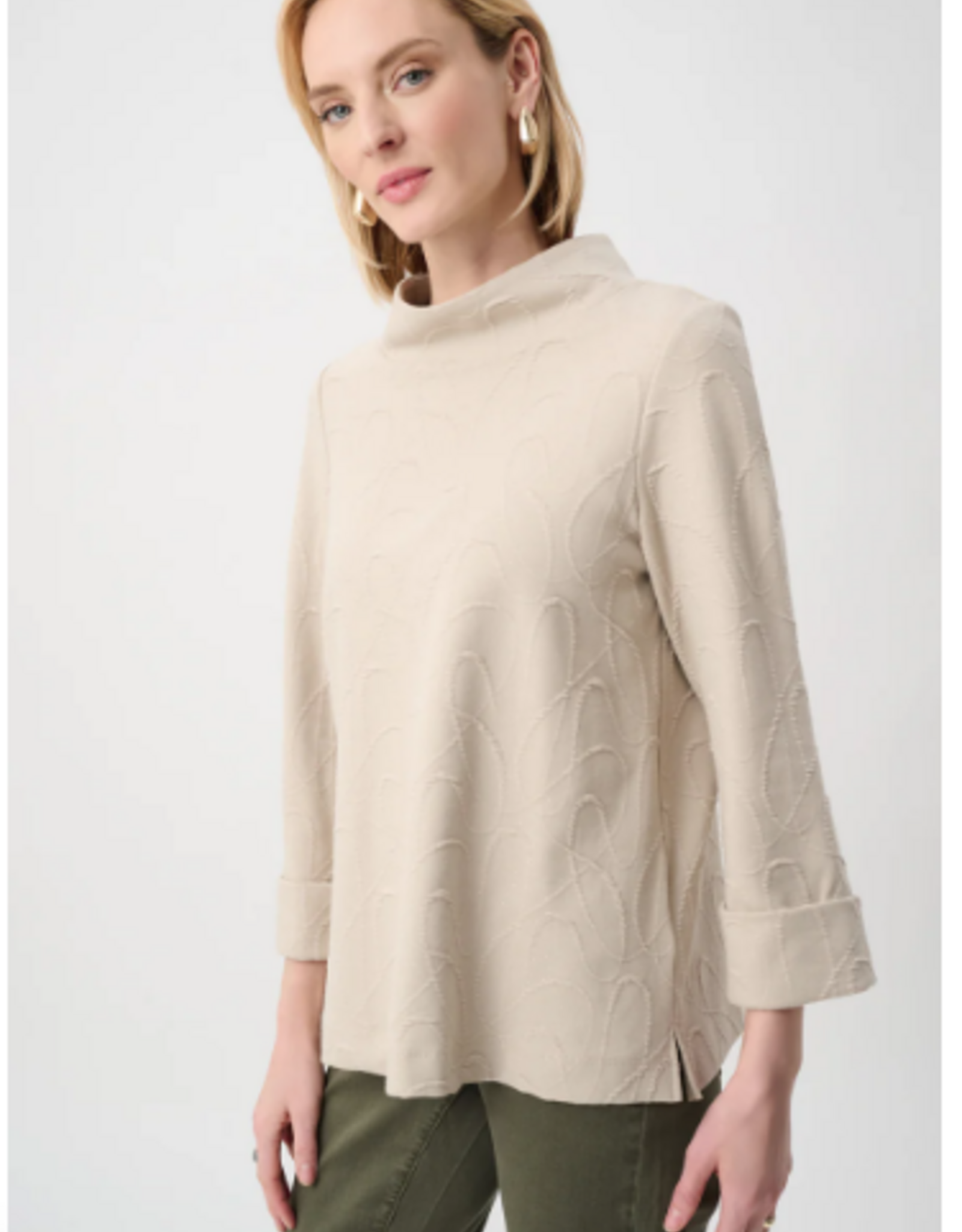Joseph Ribkoff Joseph Ribkoff  Beige/Silver Jacquard  Sweater Funnel Collar Trapeze Top