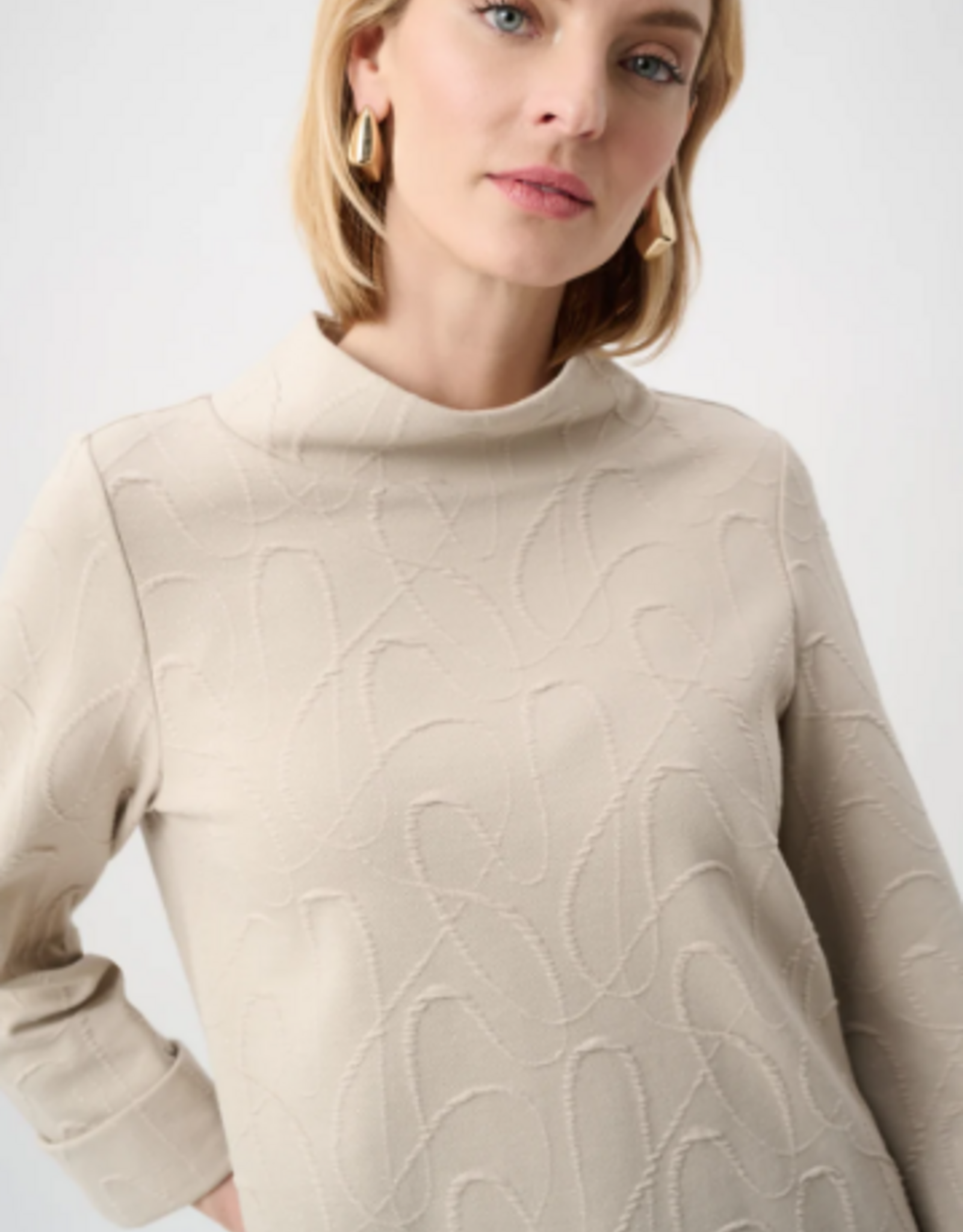 Joseph Ribkoff Joseph Ribkoff  Beige/Silver Jacquard  Sweater Funnel Collar Trapeze Top