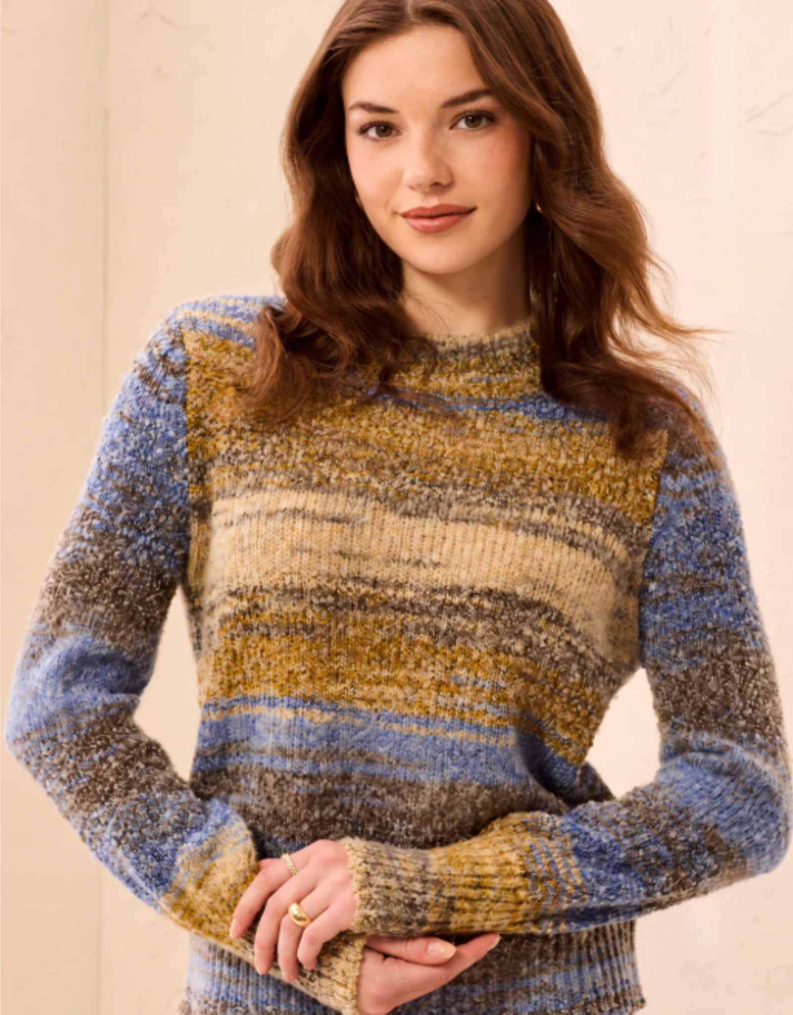 Tribal Democracy Cobalt Space-Dye Textured Mock Neck Puff Sleeve Sweater