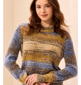 Tribal Democracy Cobalt Space-Dye Textured Mock Neck Puff Sleeve Sweater