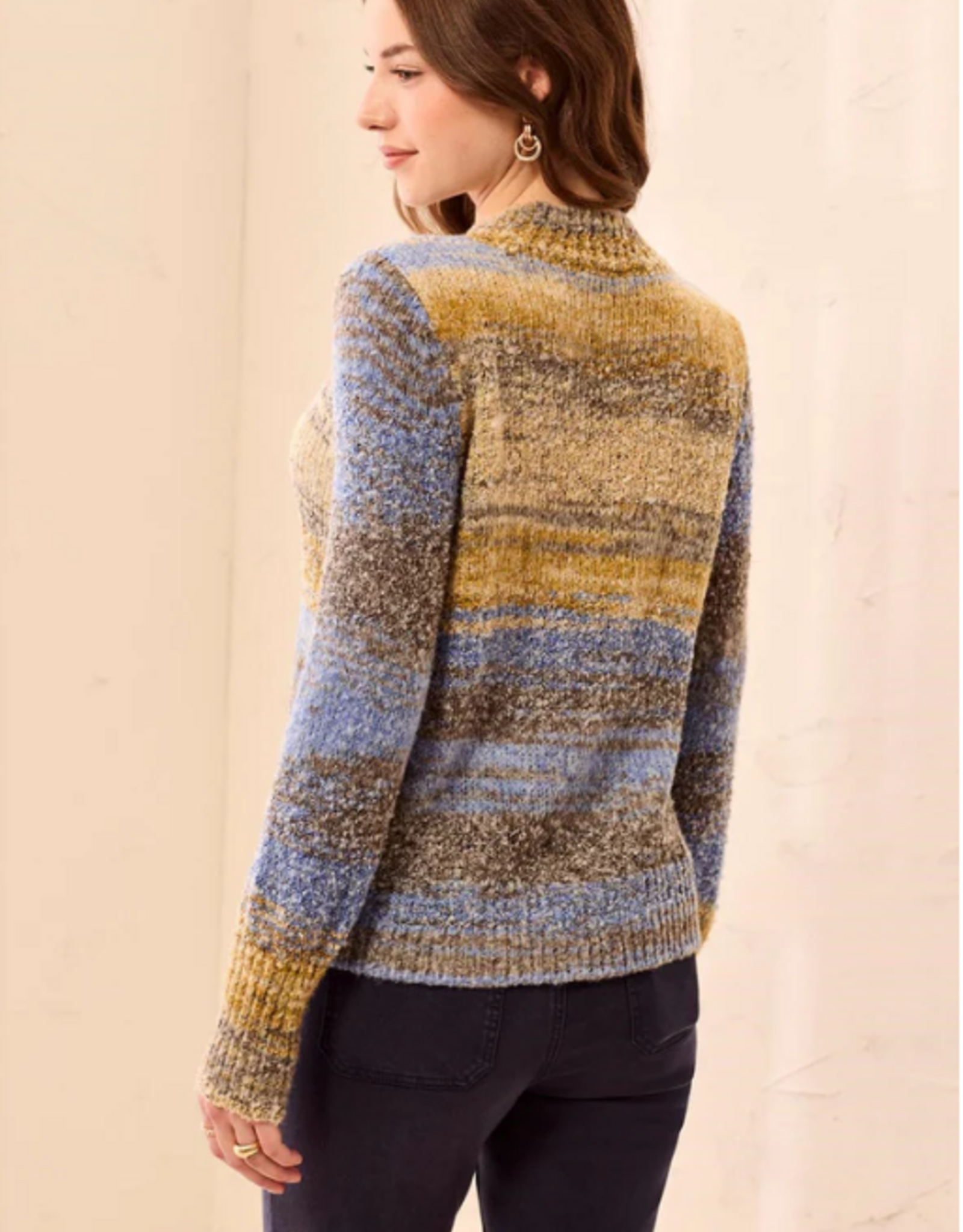 Tribal Democracy Cobalt Space-Dye Textured Mock Neck Puff Sleeve Sweater