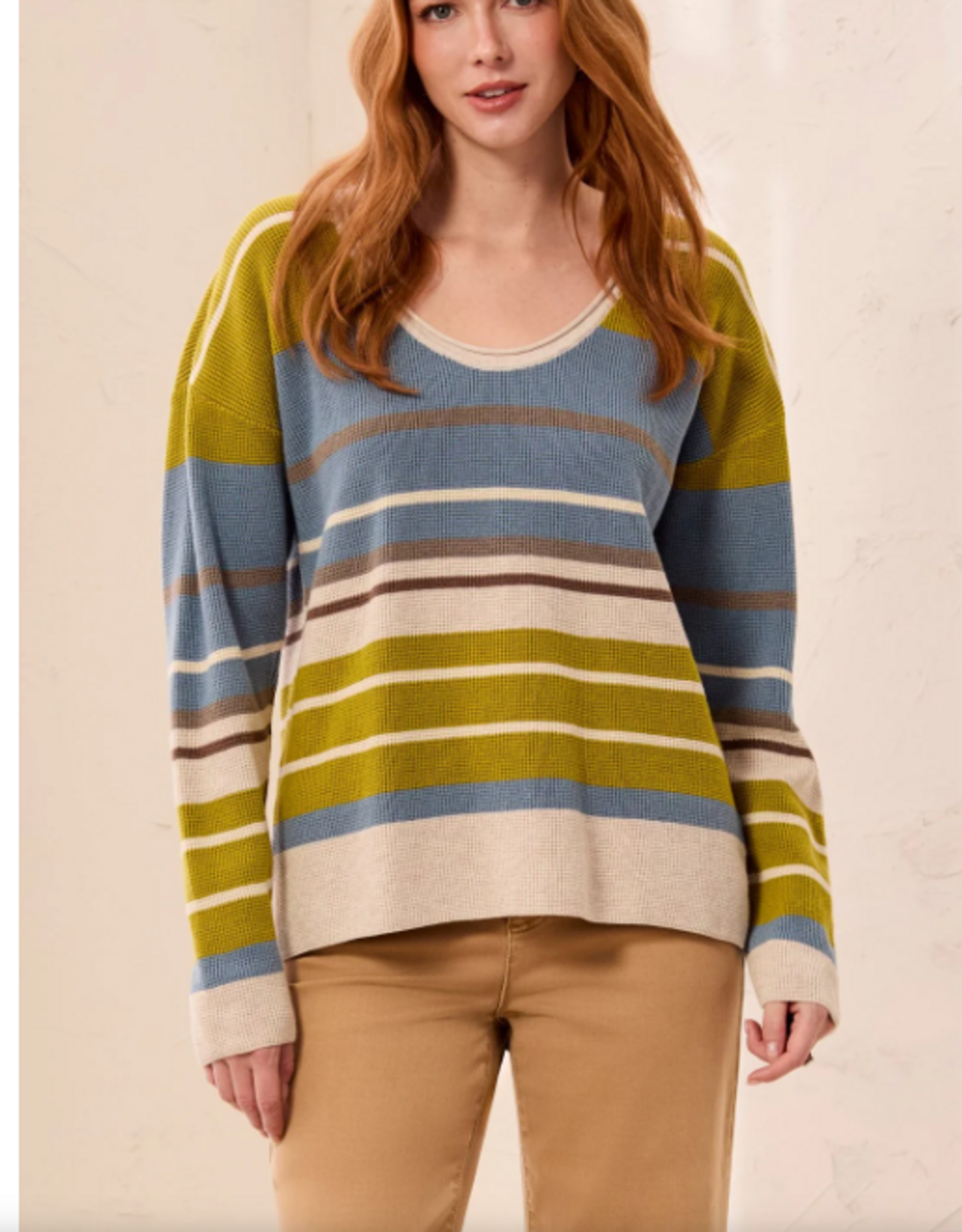 Tribal Democracy  Pear Waffle Knit U-Neck Long Sleeve Sweater