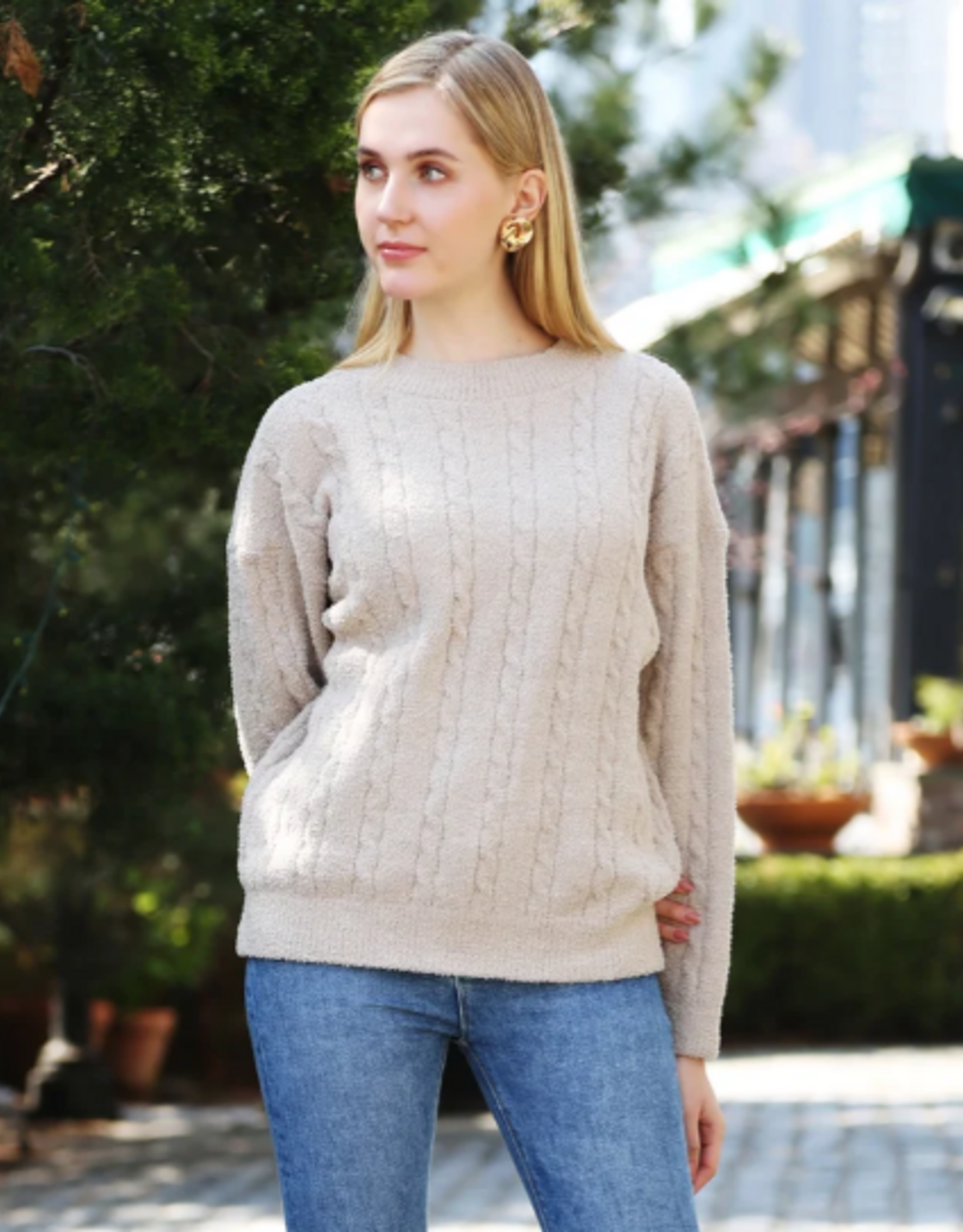Comfy Luxe Comfy Luxe Beige Solid Cable Knit Ultra Soft Sweater One Size
