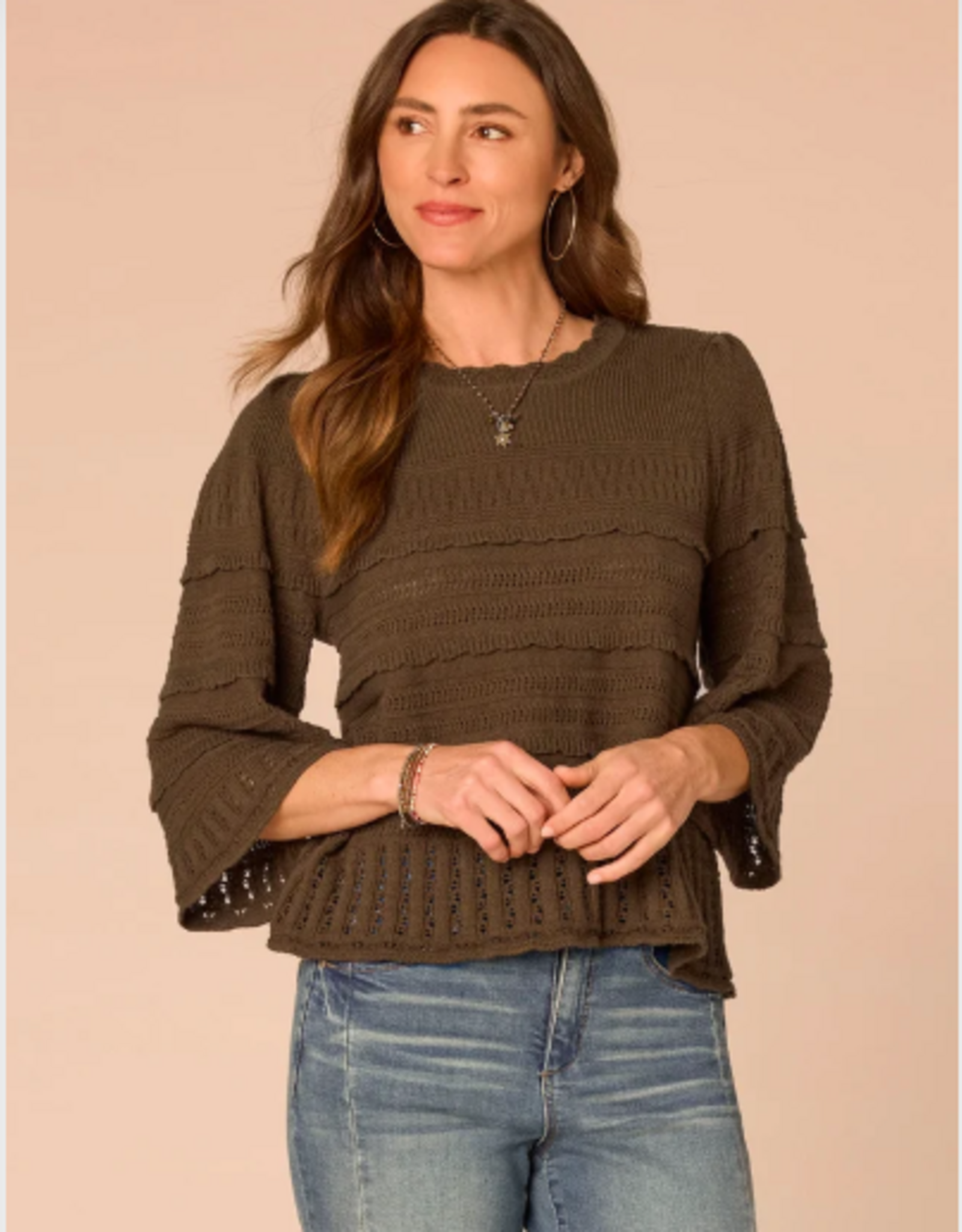 Democracy Democracy Moss Bell Sleeve Round Neck Scallop Edge Variegated Stitch Mix Sweater