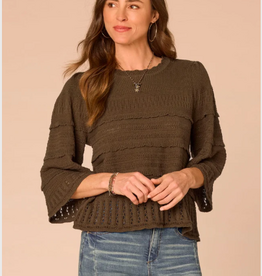 Democracy Democracy Moss Bell Sleeve Round Neck Scallop Edge Variegated Stitch Mix Sweater