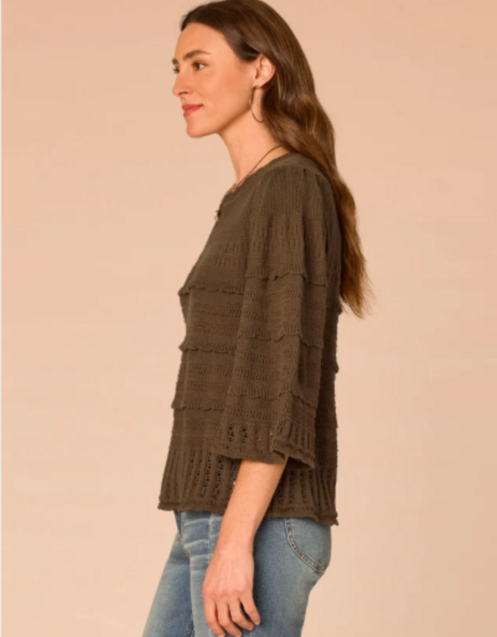 Democracy Democracy Moss Bell Sleeve Round Neck Scallop Edge Variegated Stitch Mix Sweater
