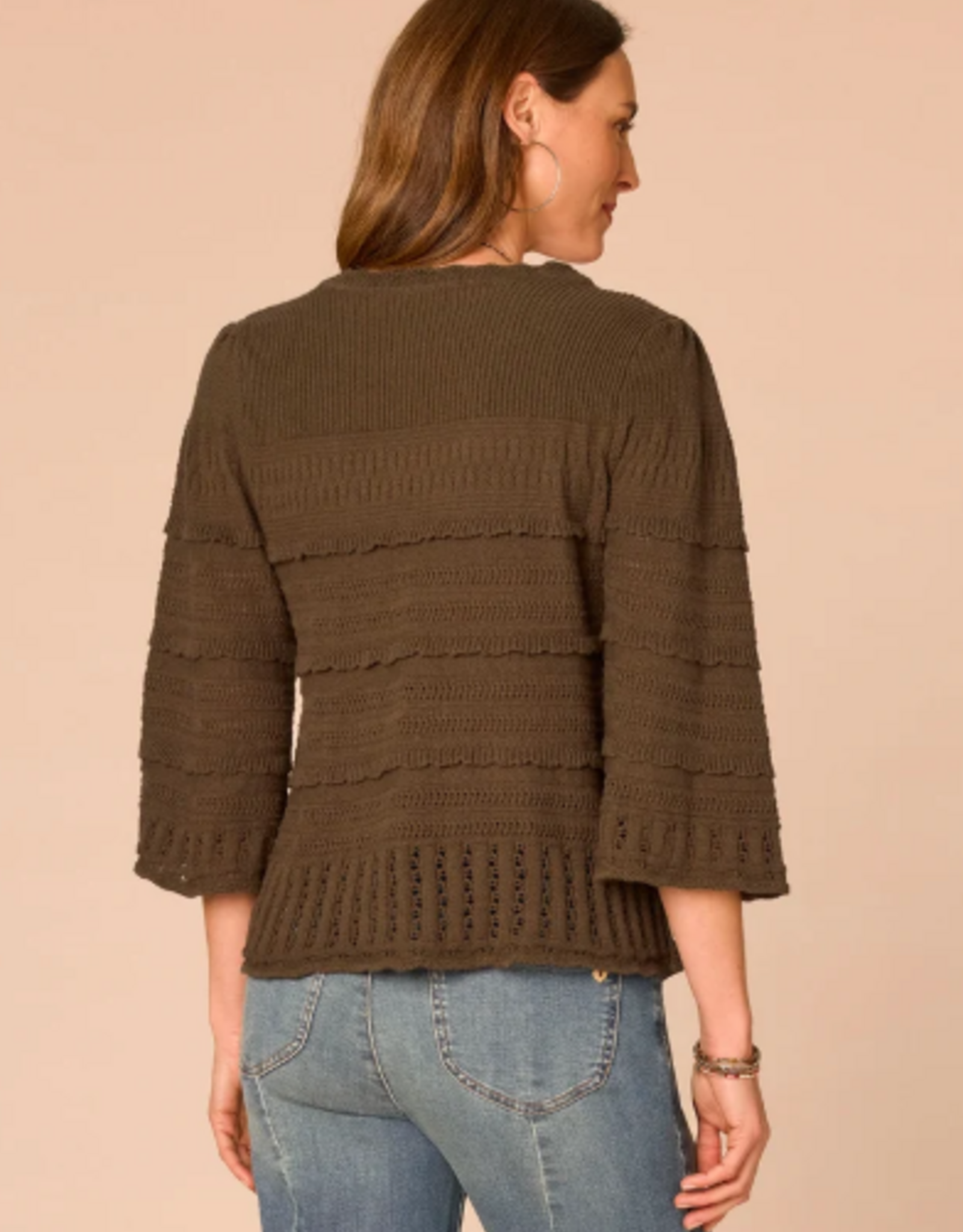 Democracy Democracy Moss Bell Sleeve Round Neck Scallop Edge Variegated Stitch Mix Sweater