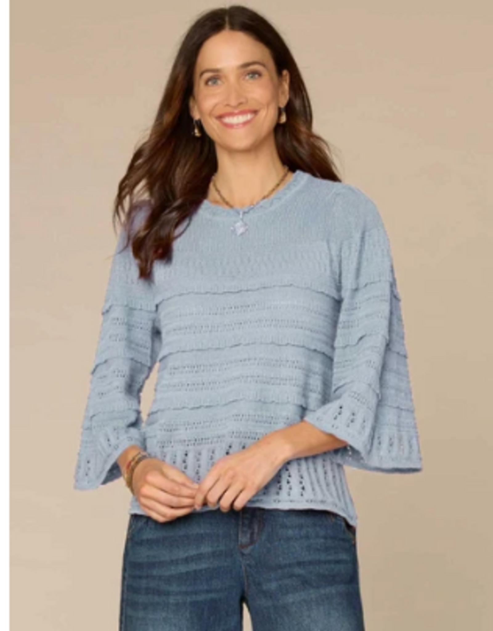 Democracy Democracy Blue Bell Sleeve Round Neck Scallop Edge Variegated Stitch Mix Sweater