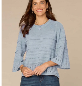 Democracy Democracy Blue Bell Sleeve Round Neck Scallop Edge Variegated Stitch Mix Sweater