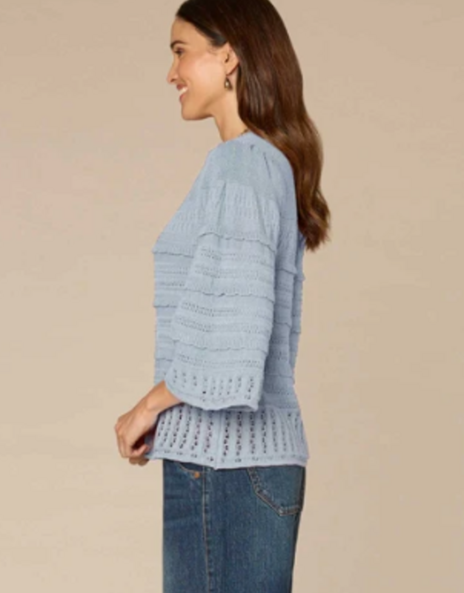 Democracy Democracy Blue Bell Sleeve Round Neck Scallop Edge Variegated Stitch Mix Sweater