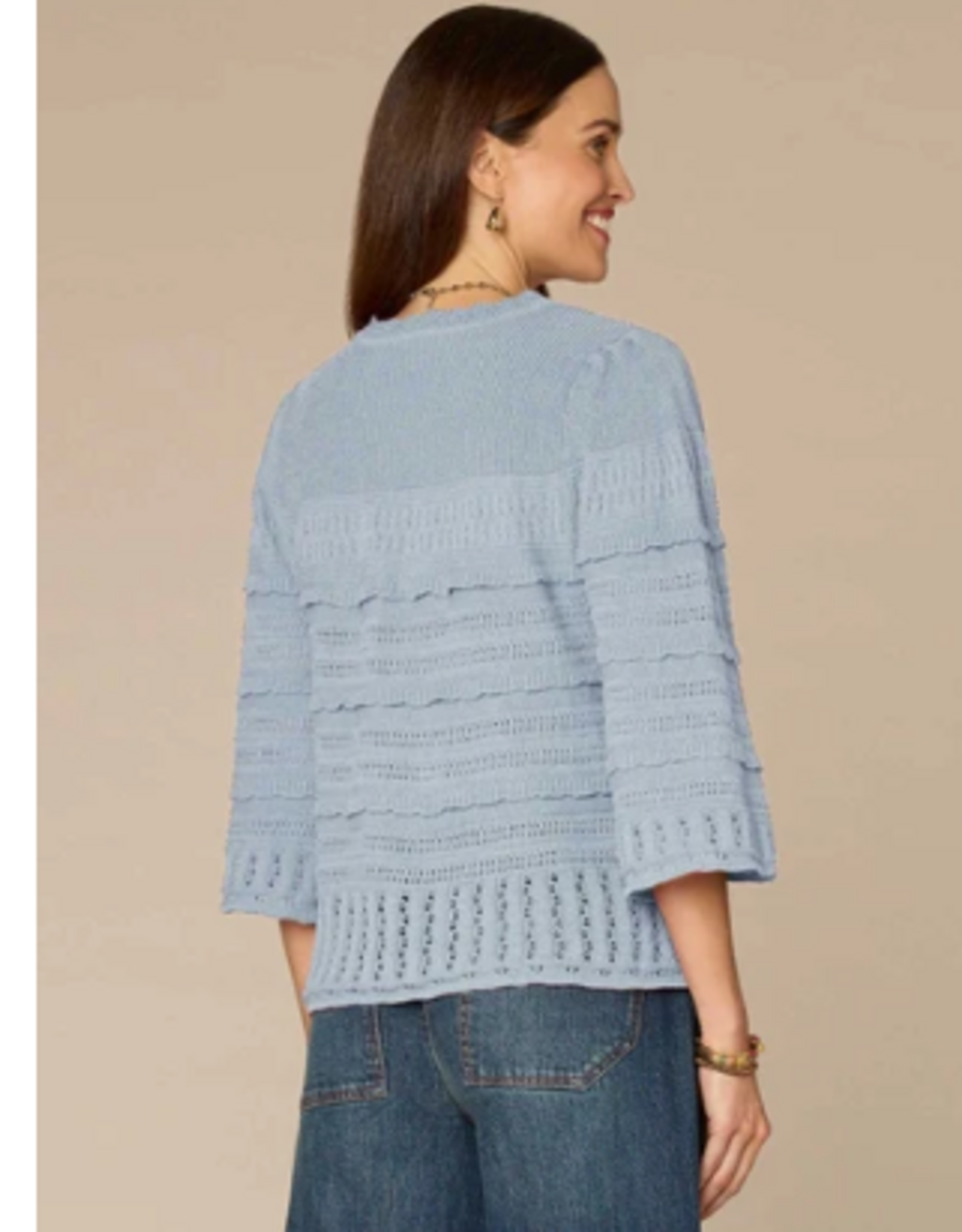 Democracy Democracy Blue Bell Sleeve Round Neck Scallop Edge Variegated Stitch Mix Sweater
