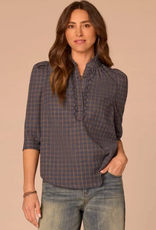 Democracy Democracy Three Quarter Cuffed Sleeve Ruffle Collar Plaid Print Woven Top