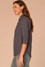 Democracy Democracy Three Quarter Cuffed Sleeve Ruffle Collar Plaid Print Woven Top