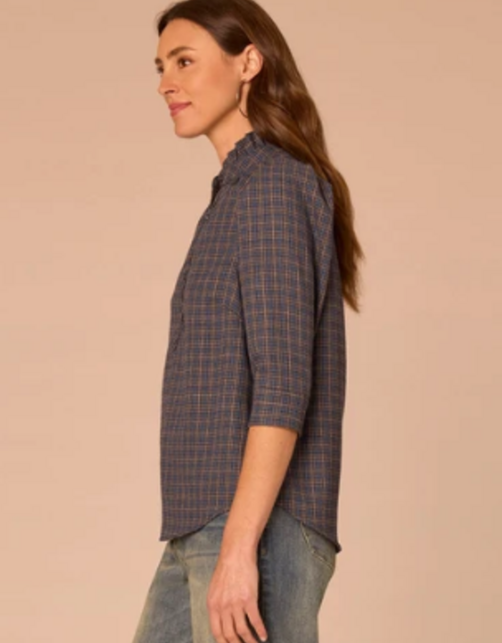 Democracy Democracy Three Quarter Cuffed Sleeve Ruffle Collar Plaid Print Woven Top