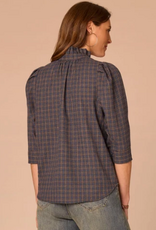 Democracy Democracy Three Quarter Cuffed Sleeve Ruffle Collar Plaid Print Woven Top