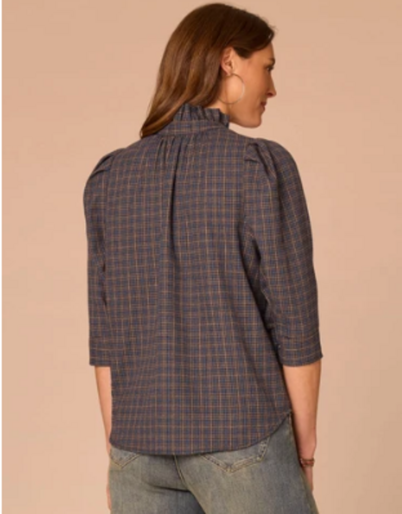Democracy Democracy Three Quarter Cuffed Sleeve Ruffle Collar Plaid Print Woven Top