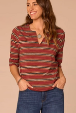 Democracy Democracy Burnt Henna Elbow Roll Cuff Sleeve Split V-Neck Striped Knit Top