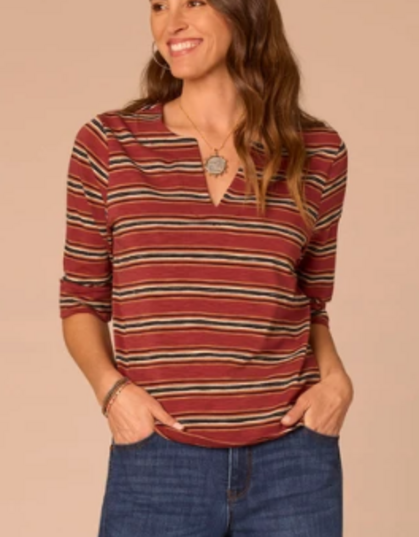 Democracy Democracy Burnt Henna Elbow Roll Cuff Sleeve Split V-Neck Striped Knit Top