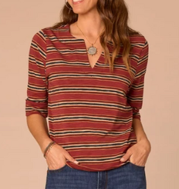 Democracy Democracy Burnt Henna Elbow Roll Cuff Sleeve Split V-Neck Striped Knit Top