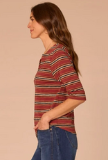 Democracy Democracy Burnt Henna Elbow Roll Cuff Sleeve Split V-Neck Striped Knit Top