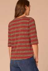 Democracy Democracy Burnt Henna Elbow Roll Cuff Sleeve Split V-Neck Striped Knit Top