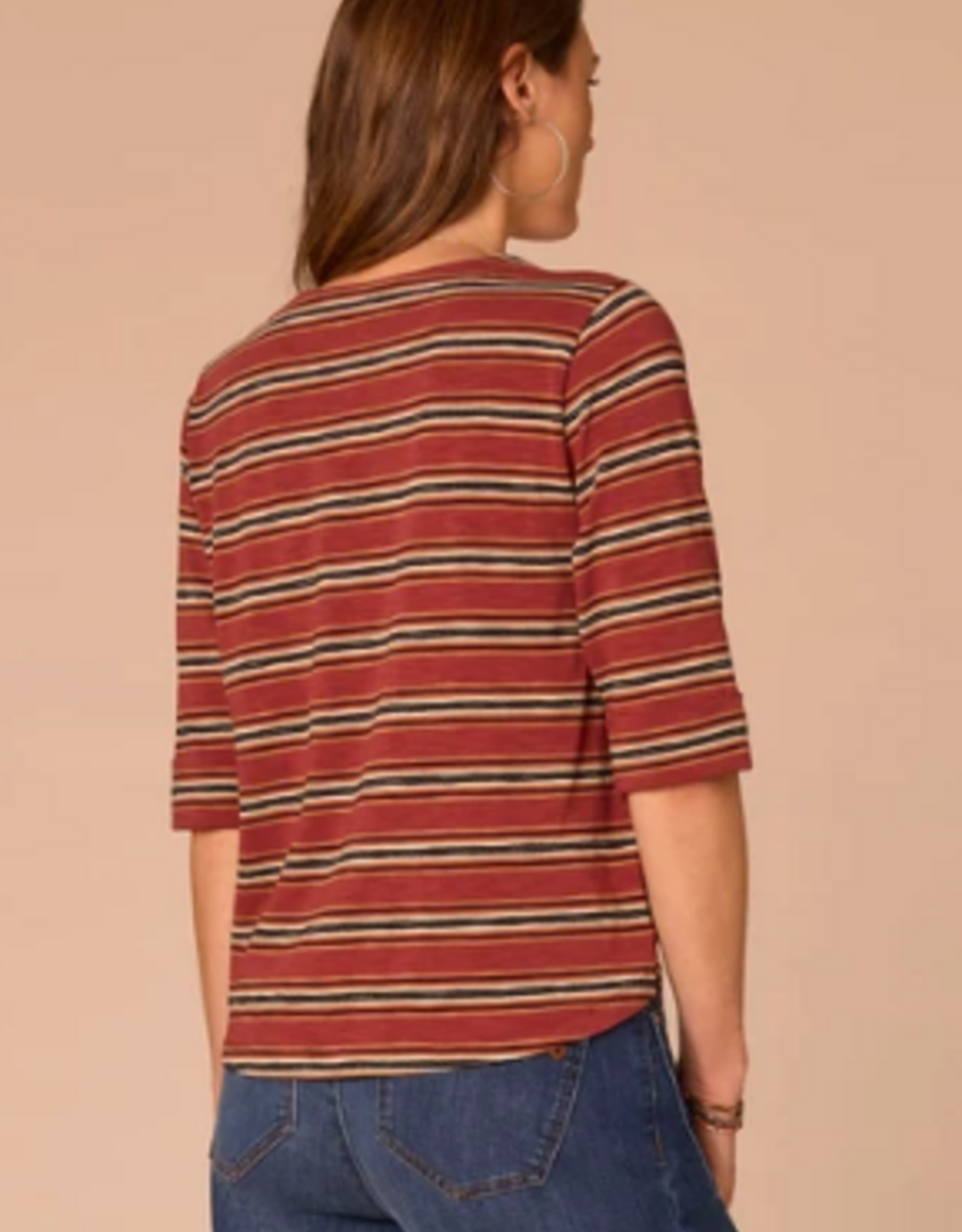 Democracy Democracy Burnt Henna Elbow Roll Cuff Sleeve Split V-Neck Striped Knit Top