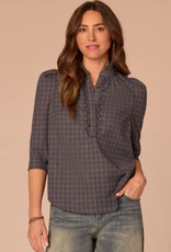 Democracy Democracy Three Quarter Cuffed Sleeve Ruffle Collar Plaid Print Petite Woven Top