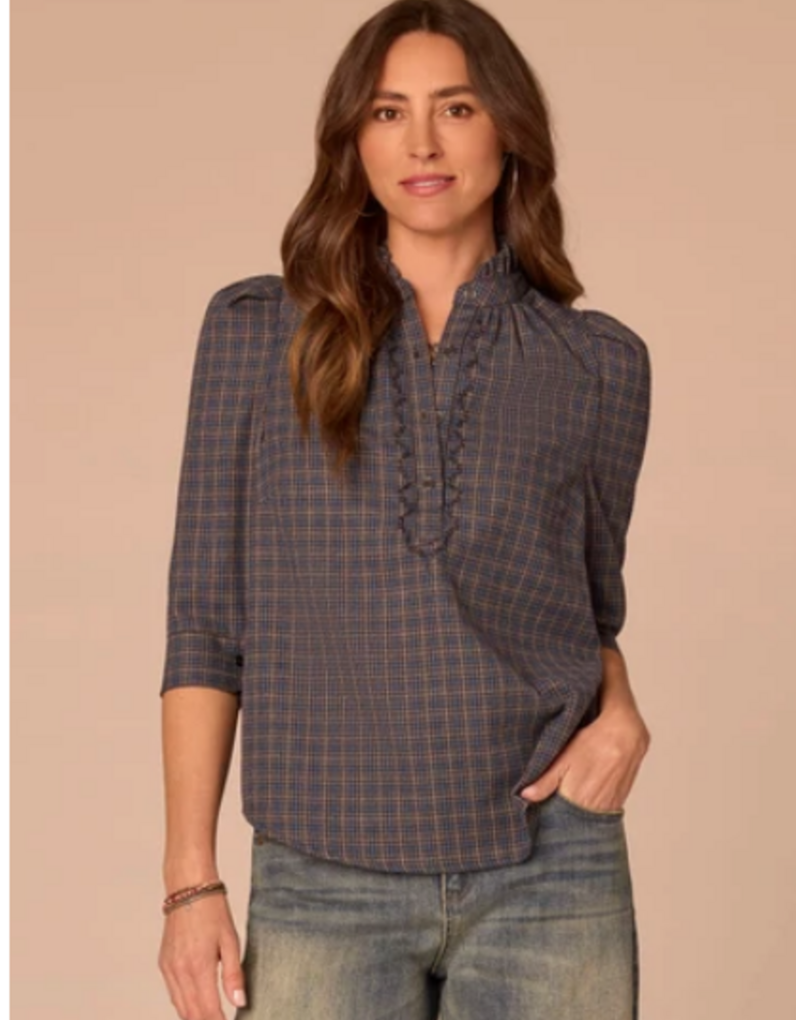 Democracy Democracy Three Quarter Cuffed Sleeve Ruffle Collar Plaid Print Petite Woven Top