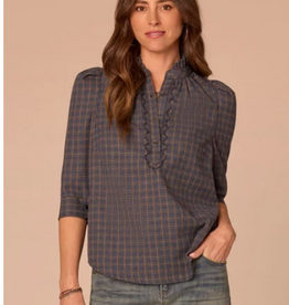 Democracy Democracy Three Quarter Cuffed Sleeve Ruffle Collar Plaid Print Petite Woven Top