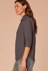 Democracy Democracy Three Quarter Cuffed Sleeve Ruffle Collar Plaid Print Petite Woven Top