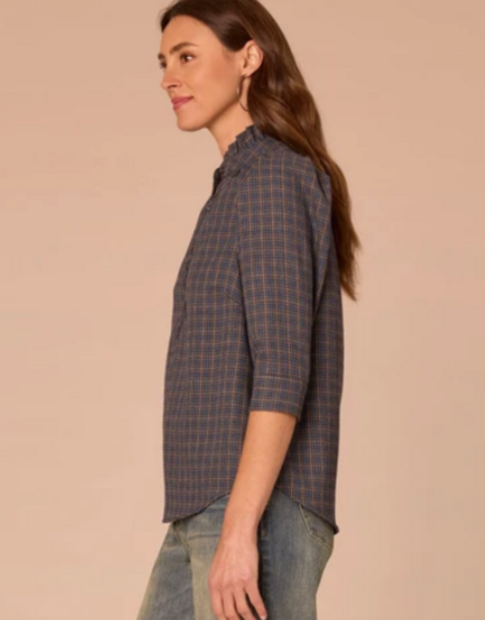 Democracy Democracy Three Quarter Cuffed Sleeve Ruffle Collar Plaid Print Petite Woven Top