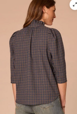 Democracy Democracy Three Quarter Cuffed Sleeve Ruffle Collar Plaid Print Petite Woven Top