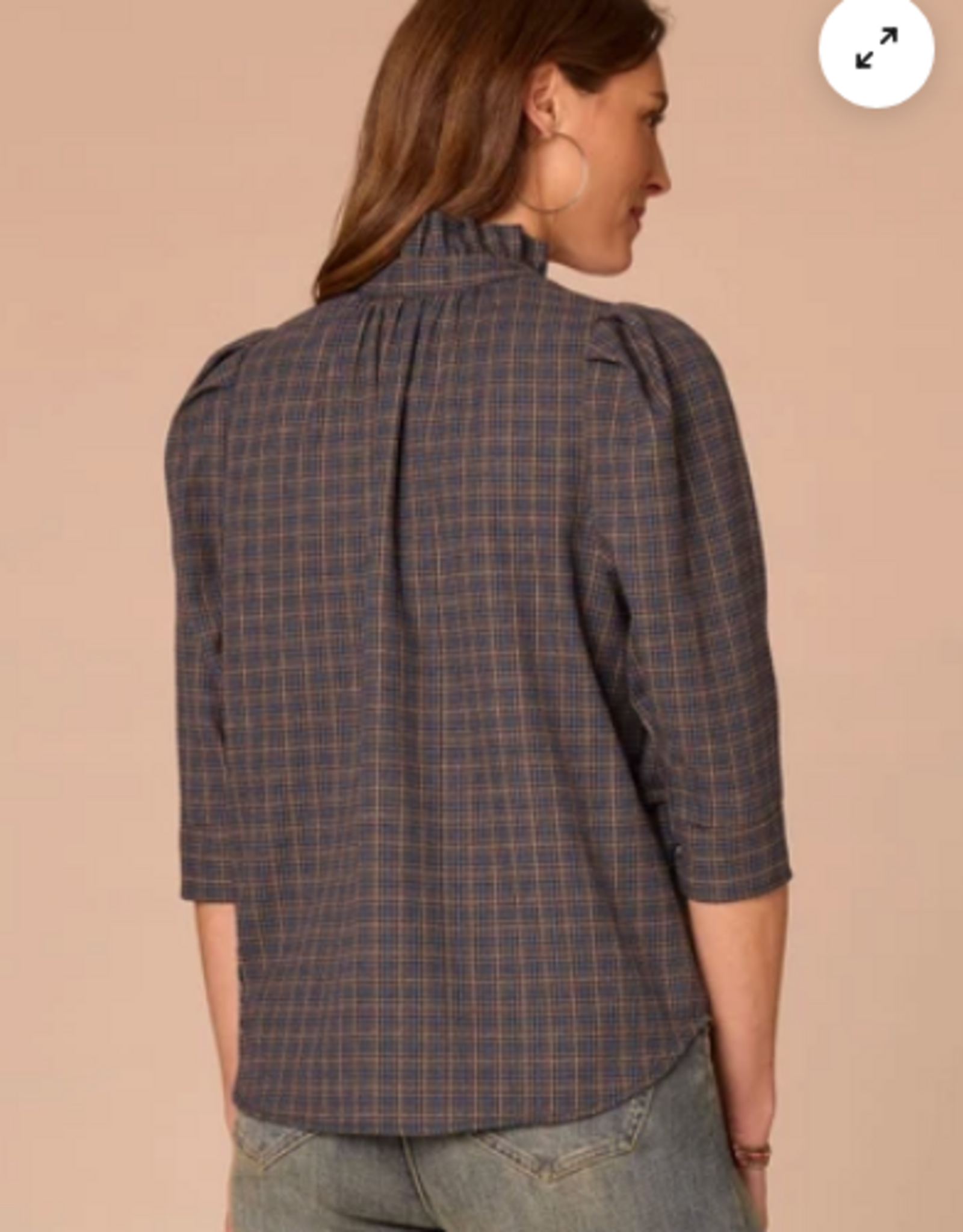 Democracy Democracy Three Quarter Cuffed Sleeve Ruffle Collar Plaid Print Petite Woven Top