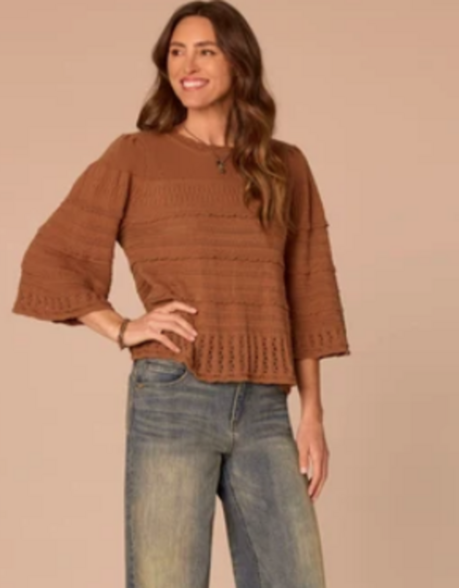 Democracy Democracy Saddle Bell Sleeve Round Neck Scallop Edge Stitch Mix Petite Sweater