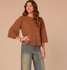 Democracy Democracy Saddle Bell Sleeve Round Neck Scallop Edge Stitch Mix Petite Sweater