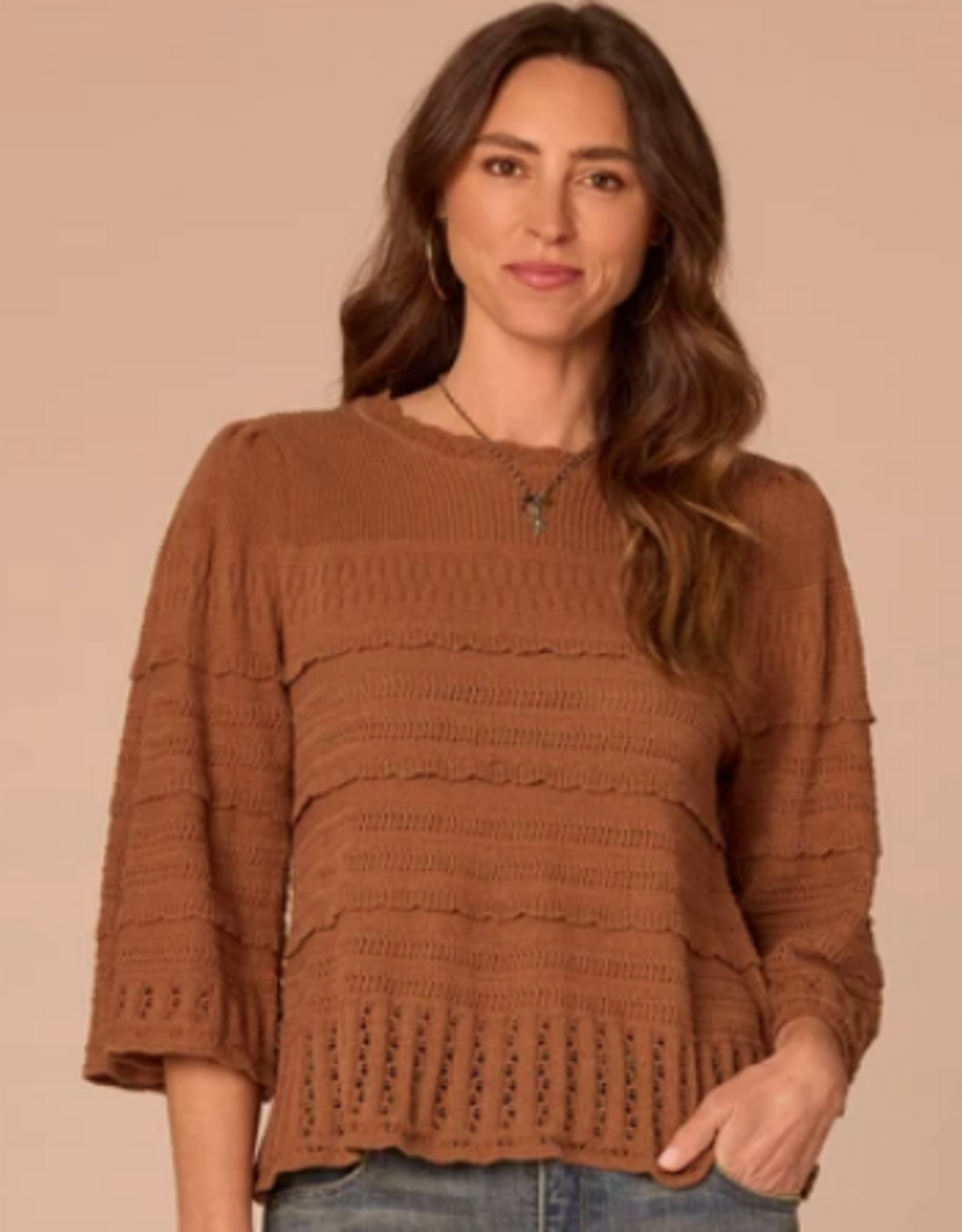 Democracy Democracy Saddle Bell Sleeve Round Neck Scallop Edge Stitch Mix Petite Sweater