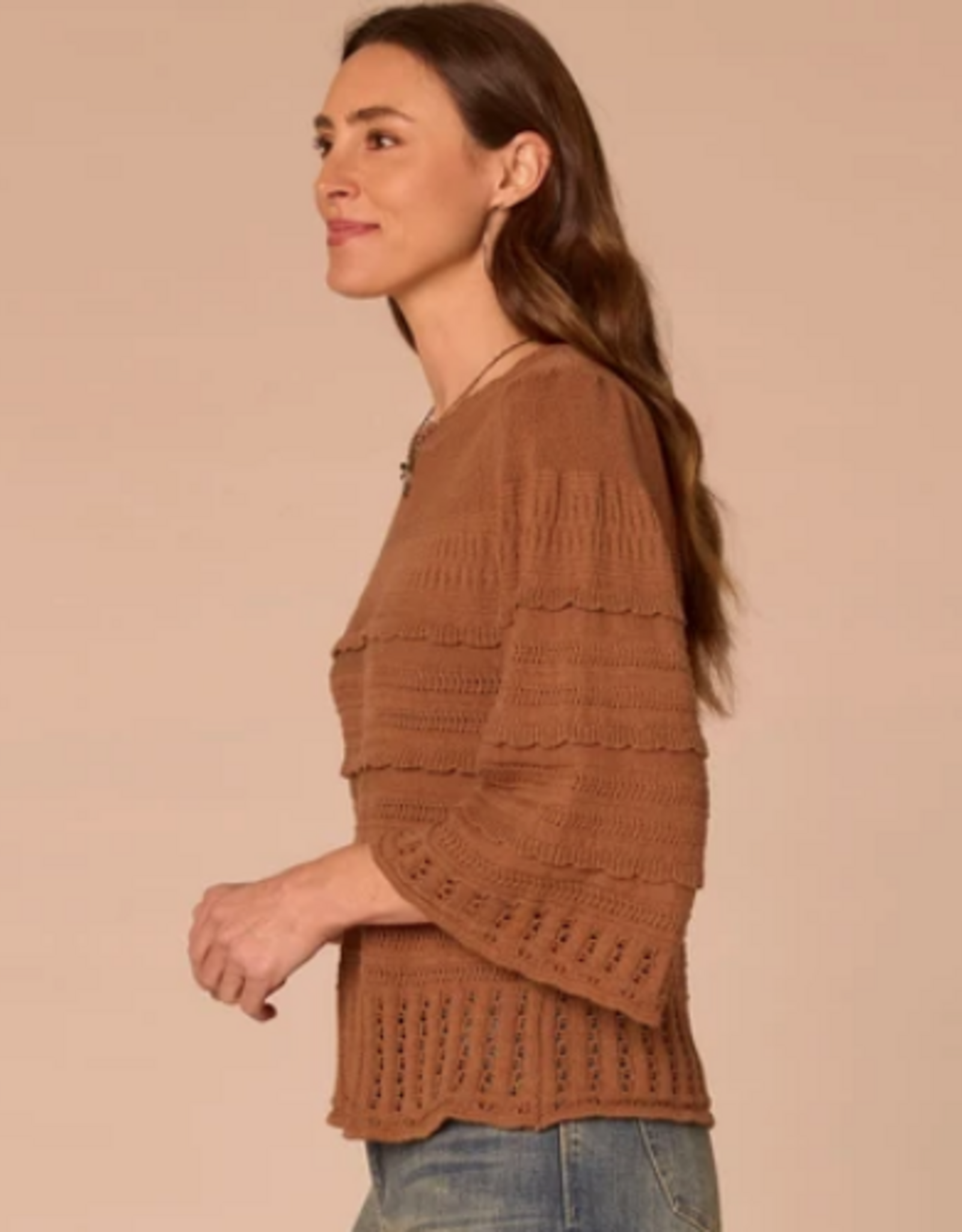 Democracy Democracy Saddle Bell Sleeve Round Neck Scallop Edge Stitch Mix Petite Sweater