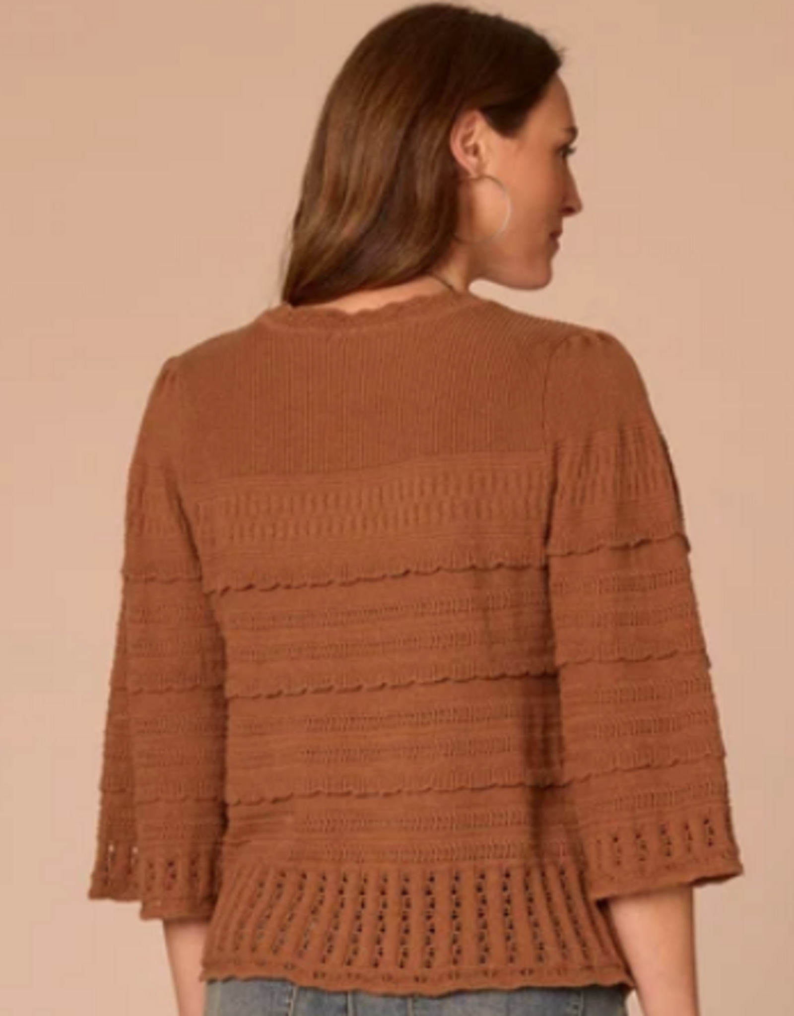 Democracy Democracy Saddle Bell Sleeve Round Neck Scallop Edge Stitch Mix Petite Sweater