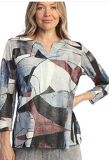 Jess & Jane Jess & Jane  Artiste Print Notch Neck 3/4 Sleeve Top