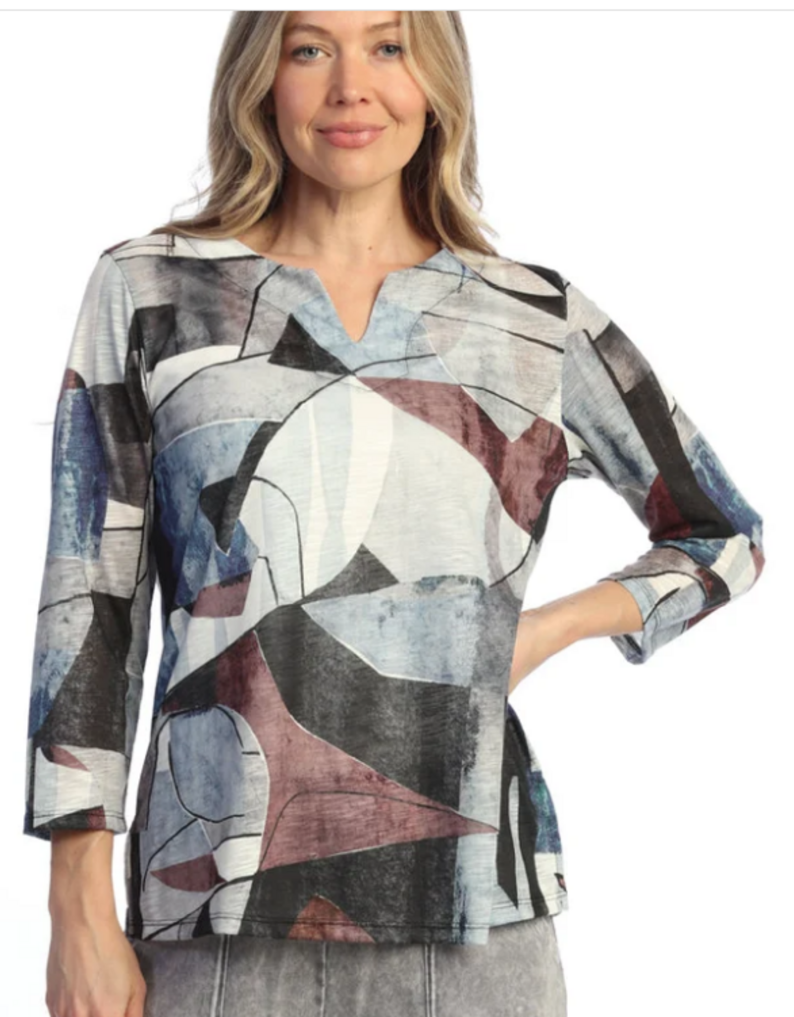 Jess & Jane Jess & Jane  Artiste Print Notch Neck 3/4 Sleeve Top